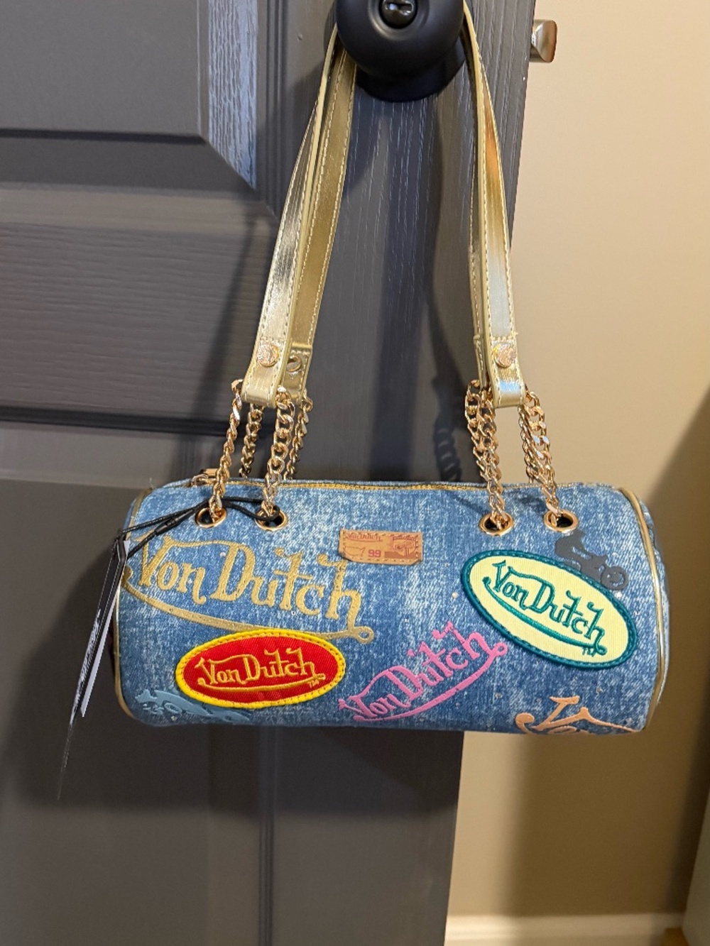 Von Dutch barrel denim jean patch purse bag NWT with gold chains and strap